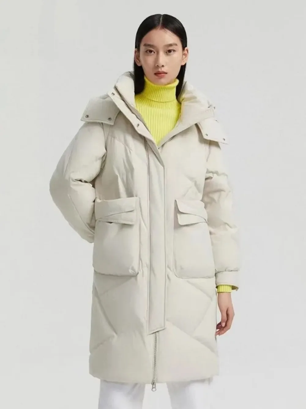 White Duck Down Jacket Women 2024 New Winter Thick Loose Hooded Big Pocket Zippers Down Coat Women Casual Fashion Office Lady