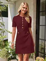 Womens Knit Button Dress Short Sleeve A-Line Business Casual Elegant Work Dress - Image 6