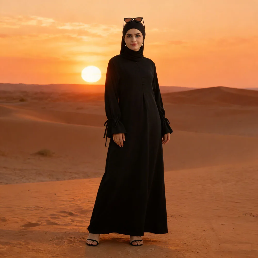 

Новые мусульманские платья для женщин: Дубайская абайя с рукавами-колоколами на завязках, длинное скромное свободное платье-роба, кафтан, одежда для Рамадана, исламская одежда для женщин