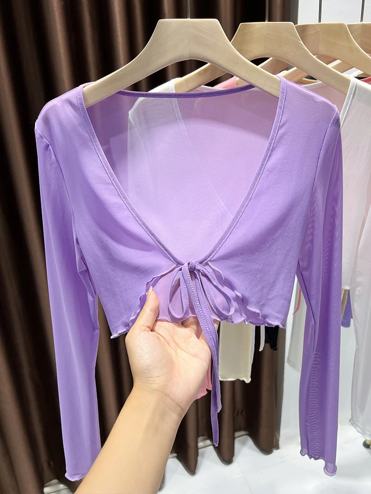 

Женский открытый кардиган из ледяного шелка с шиловым воротником, летний жилет с тонкими бретелями, топ High-End Feeling Long Sve V-Ne ort Le...