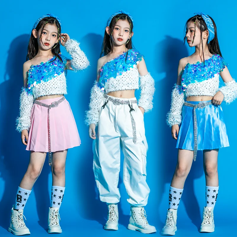 Blinkende Pailletten Top hohle Hose für Mädchen Jazz Tanz Kostüm Kinder Hip Hop Kleidung Kinder Kpop Outfit Street Wear xs3097