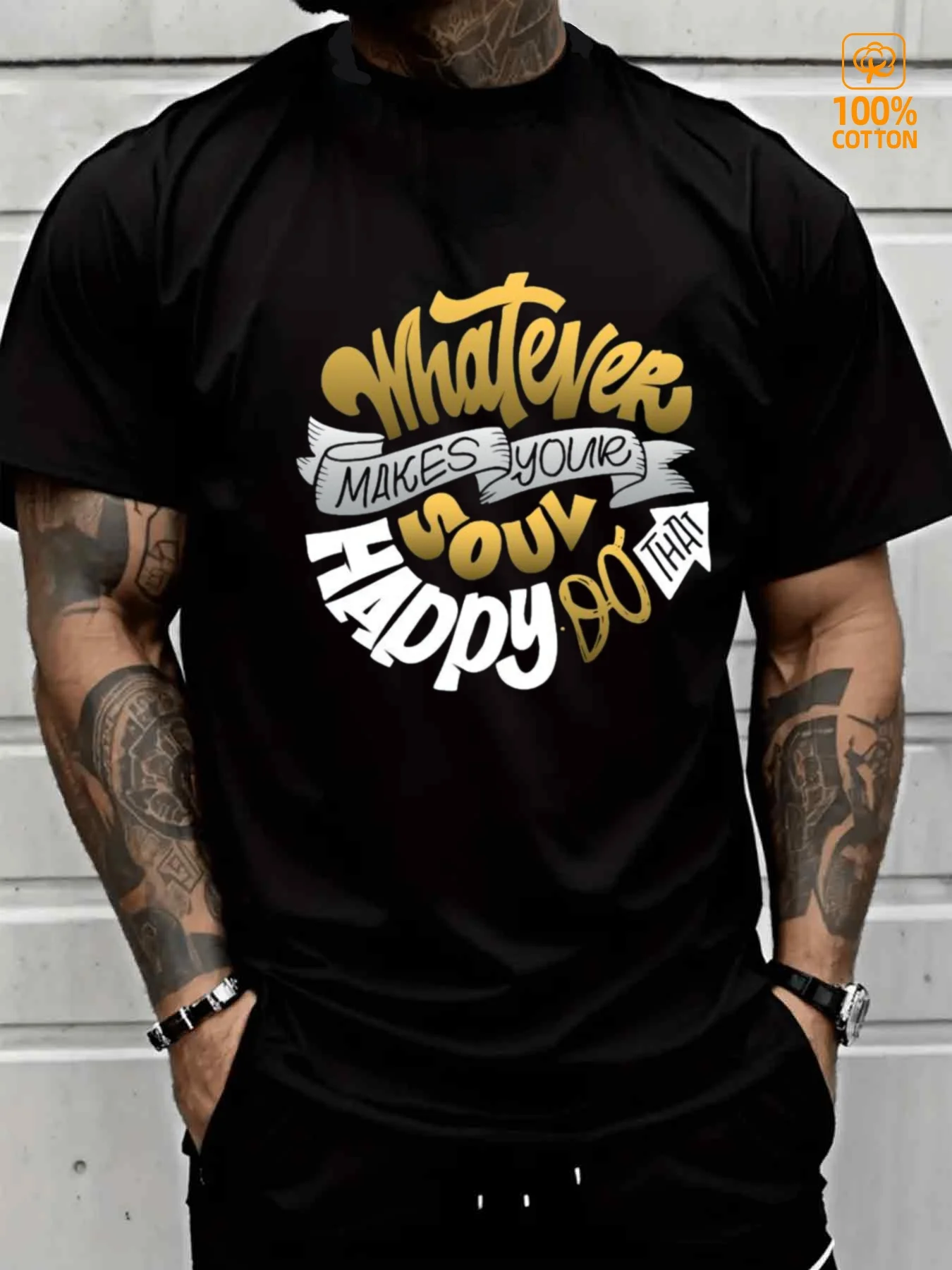 Trendy Men's Black Graphic T-Shirt Whatever Makes You Happy Bold Letter Quote Ribbon Typography Print 100% Cotton Heavyweight Short Sleeve Casual Streetwear Tee