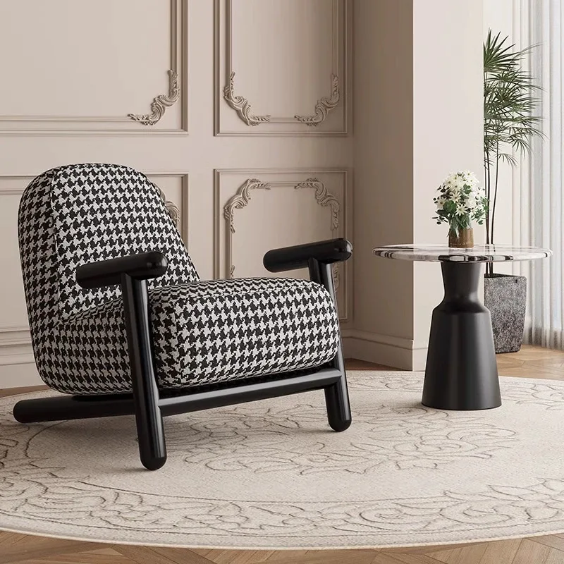 Single Chair Home Armchair Living Room Lazy Chair Thousand Bird Grid Fabric Sleigh Balcony Leisure Hair