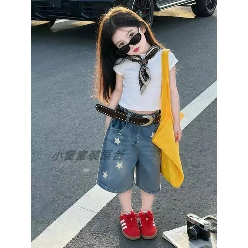 

Girls' Summer Set New Girl's Treasure Star Printed Cowboy Shorts Children's Slim Fit Versatile T-shirt Set