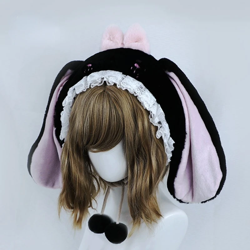 

Rabbit Hat Japanese Lolita Cute Plush Lop-eared Ear Hat Female Autumn Winter Thick Warm Bunny Ears Hat Anime Cosplay Headwear