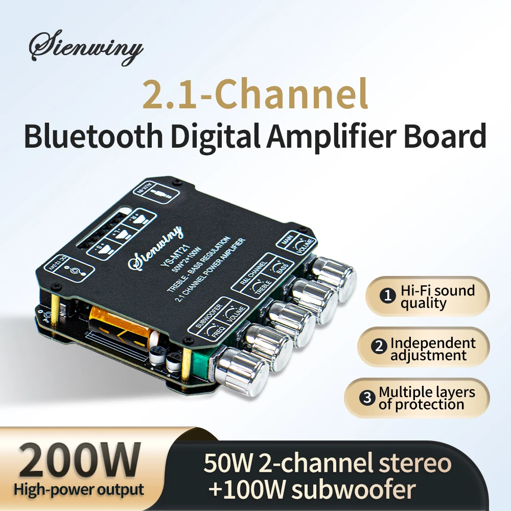 HTMCK 2.1 Channel Bluetooth Audio Amplifier Board YS-MT21 200W Hi-Fi Stereo Subwoofer AUX Treble Bass EQ Output