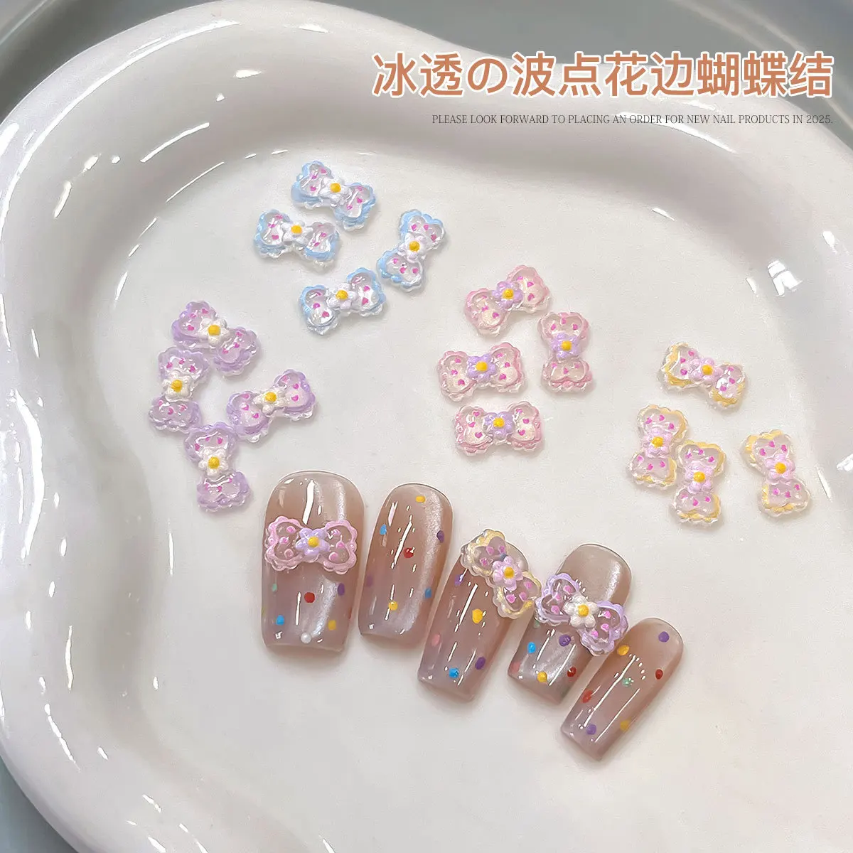 Akcesoria do zdobienia paznokci w kropki z kokardką, cyrkoniami, iluzoryczna żywiczna wstążka, nieśmiertelna francuska baletnica, akrylowa ozdoba, zawieszka.