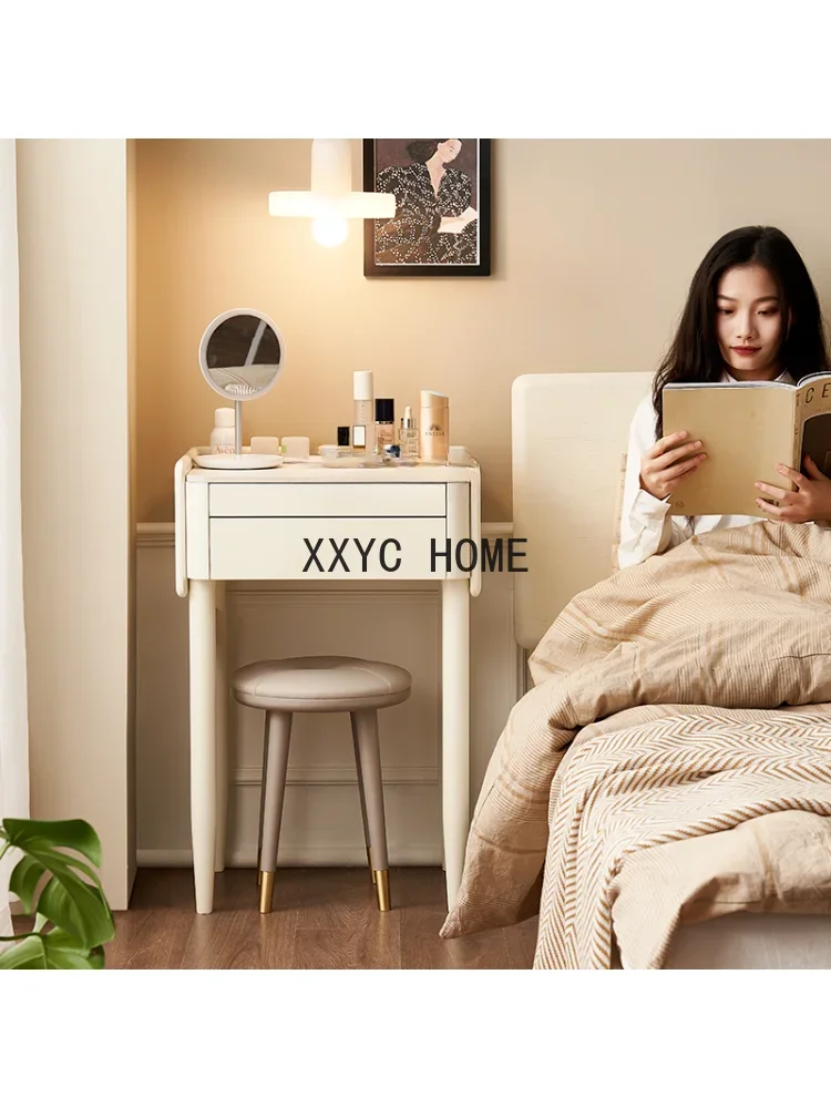 خزانة تخزين طاولة مكياج صغيرة لغرفة النوم مصنوعة من الخشب الصلب باللون الأبيض الكريمي