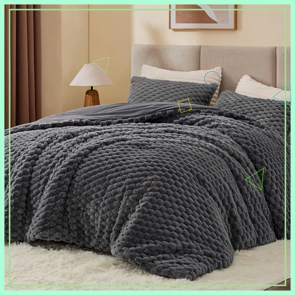 

Queen Size Fluffy Comforter Set - Grey Fleece Soft Bedding for Winter, Warm Luxury 3 Pieces with Pillowcases