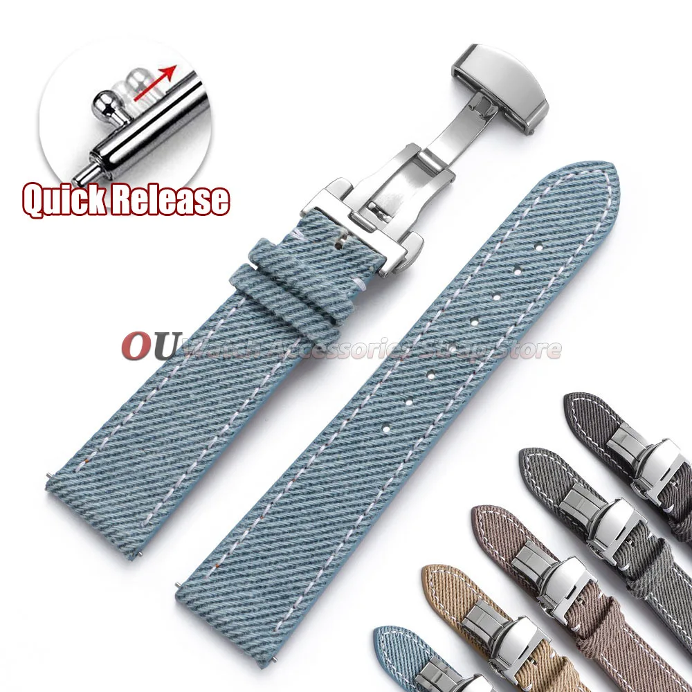 Bracelets de montre en toile denim 18mm 20mm 22mm, bracelet de montre en cuir pour Seiko, pour Omega, pour femmes et hommes, ceinture de sport, boucle papillon