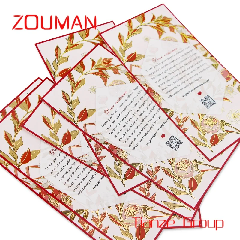 Gold Foil Art Paper Floral Logo, Flor Em Relevo Cartão Postal, Cartão De Casamento, Personalizado Obrigado Cartão para Suporte, Alta Qualidade