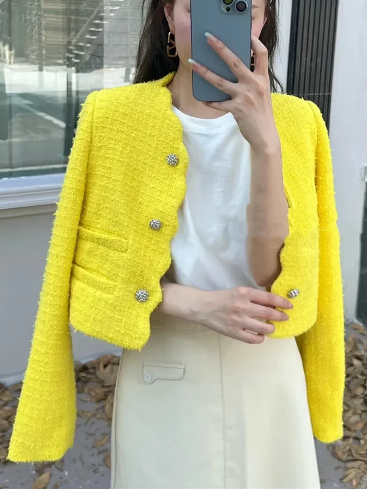 New High End Fashion Yellow Tweed Women\'s Jacket Wave Design Long Sleeve Double-breasted Elegant Office Lady Woolen Coat Outwear