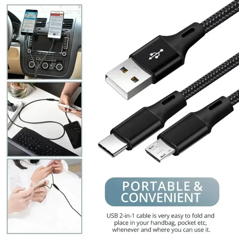 2 In 1 USB Cable Type C Cables Fast Charge Charger Cable Tablet Phone Charge Cord 2in1 Nylon Braided Mobile Android Wires