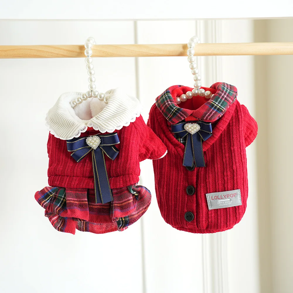 Neue Haustier-Hundekleidung für Herbst und Winter – verdickte Woll-Paar-Baumwollmäntel, Weihnachts-Outfits im britischen Stil für Teddy, Bichon