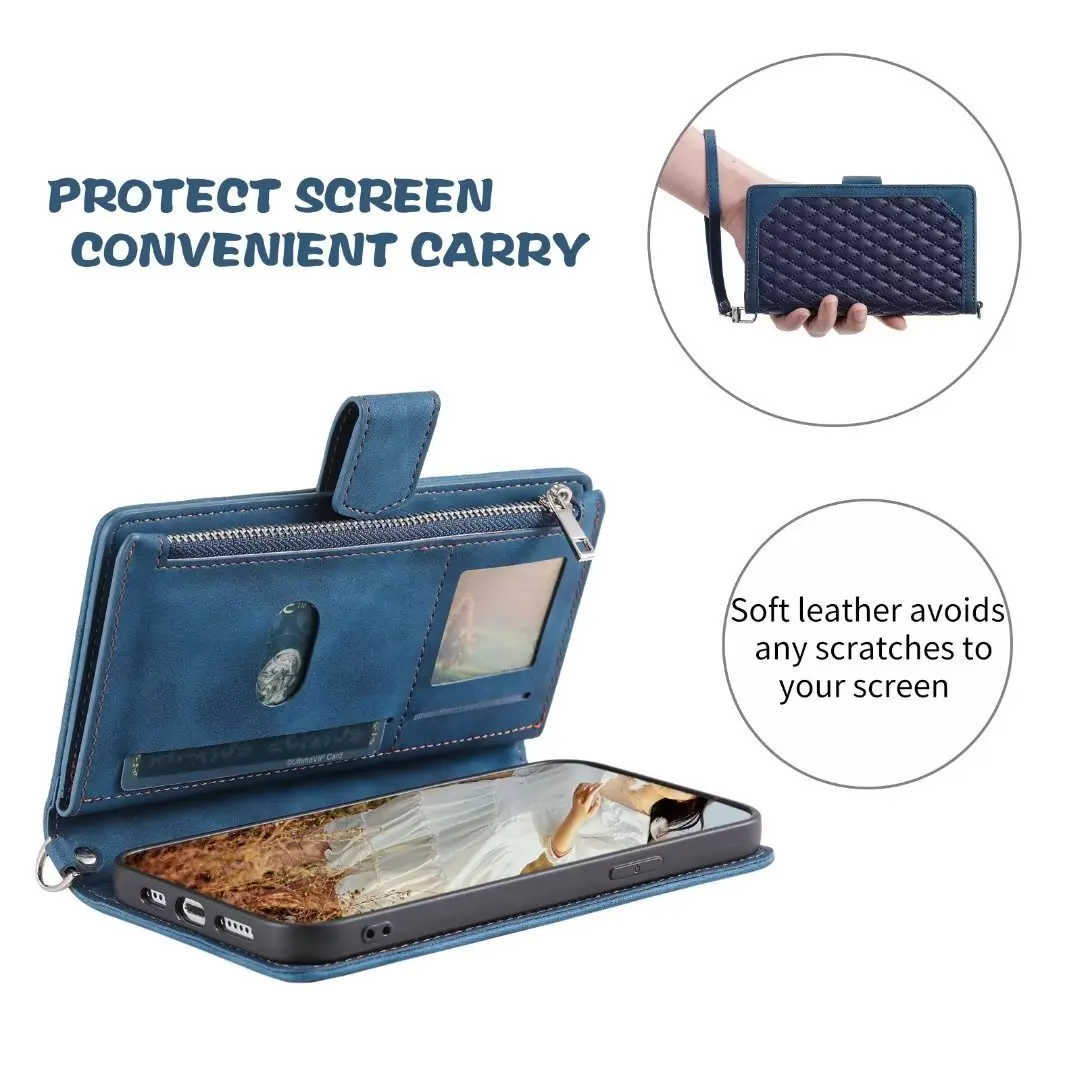 Fashion Zipper Wallet Case For Xiaomi Mi 9T Pro Flip Cover Multi Card Slots Cover Phone Case Card Slot Folio with Wrist Strap