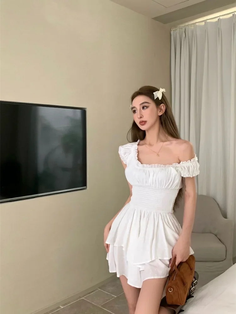 White Off Shoulder Short Sleeved Vest Dress for Women Summer Sweet Spicy Pleated Ruched Waist Boho Short Dresses Tank Dress