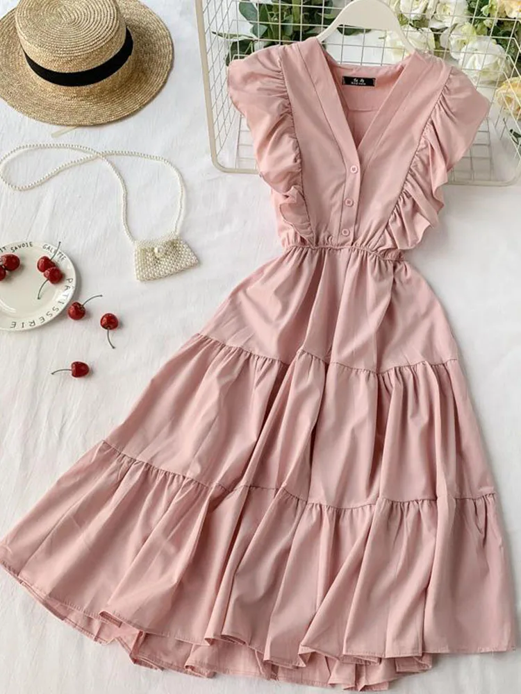 JMPRS Elegant Women Midi Dress Fashion Summer Button A Line Sleeveless Ruffles Button High Waist Female Beach Vestidos New