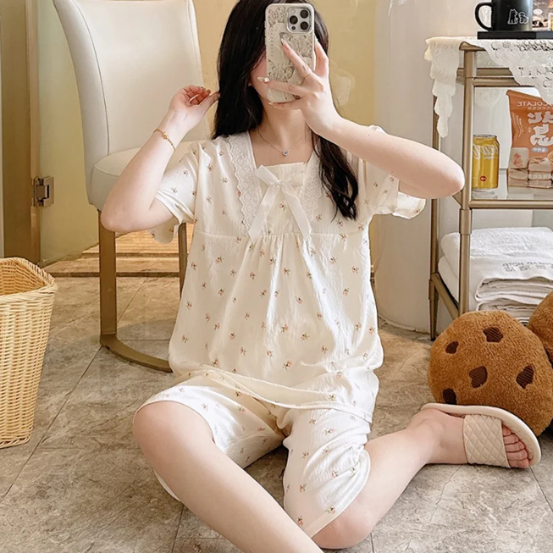 

New Ladies Princess Style Short-Sleeved Shorts Pajamas Girls Lace Cartoon Clouds Cotton Cute Student Casual Pajamas Homewear Set