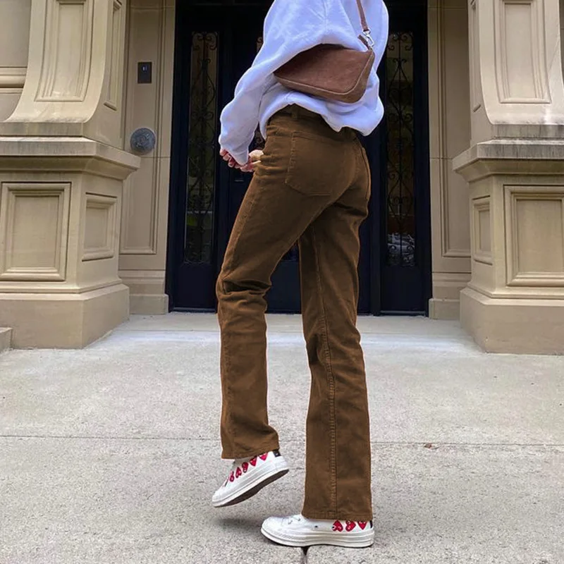 Cintura alta emagrecimento calças de veludo feminino marrom sino bot faionable calças casuais para senhoras vintage sle