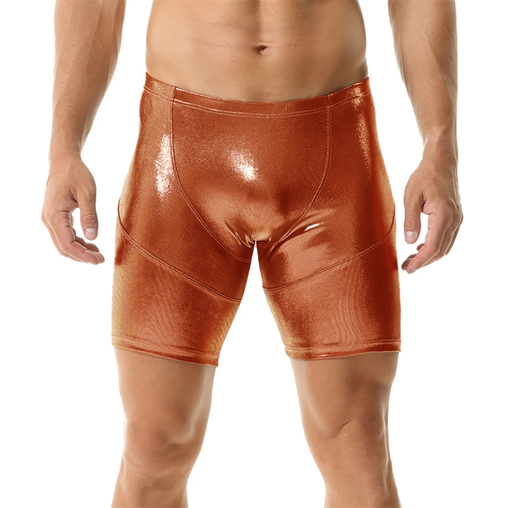 

Повседневные мужские однотонные сексуальные блестящие шорты металлик, тонкие длинные боксеры для ночного клуба, модные короткие брюки, эластичные узкие плавки