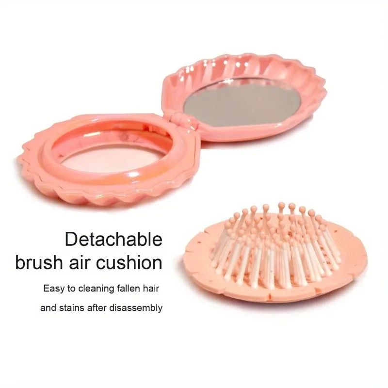 Portable Folding Mirror Air Cushion Comb - Compact Shell Shaped Travel Hairbrush, Portable Hairbrush with Mirror - Shell Design