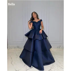 Bella Customized Blue Multi-Layered Off the Shoulder robes de soirée Sleeveless Satin Evening Dresses A-line Wedding Dress 2024