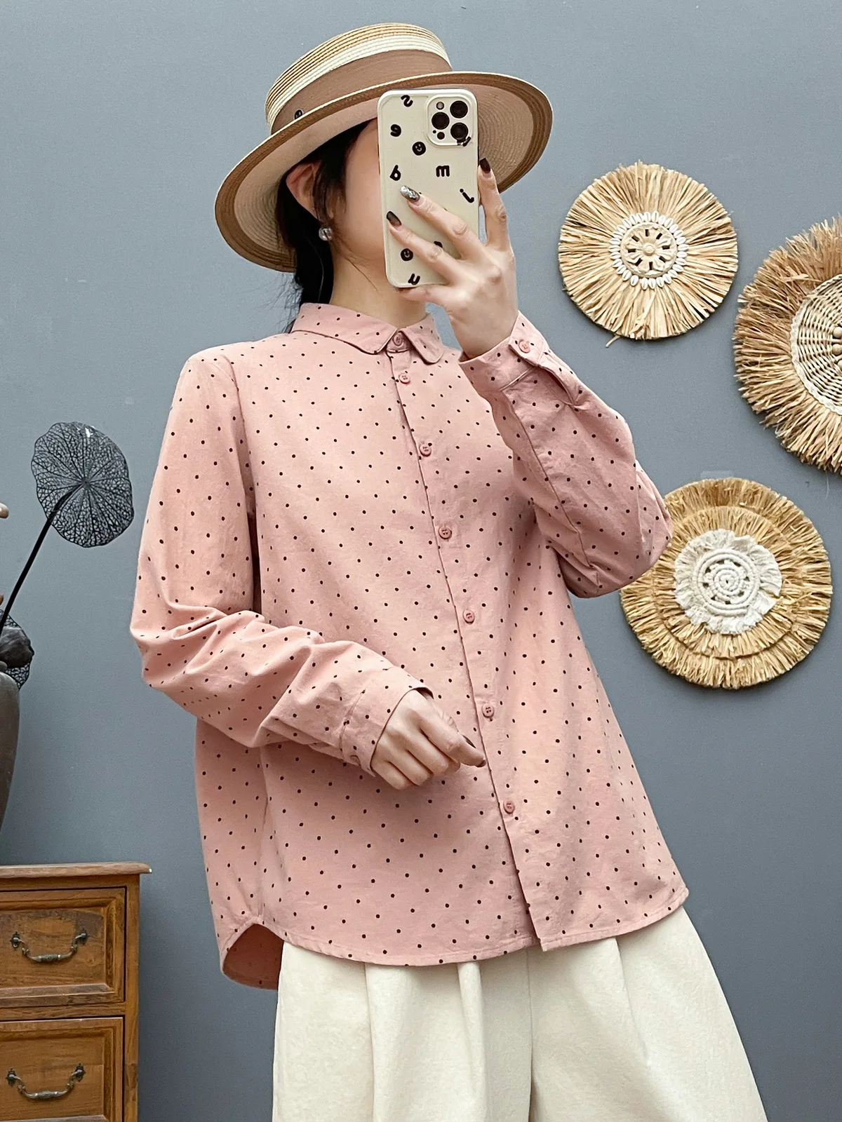 ใหม่2025ฤดูใบไม้ร่วงผ้าฝ้ายเสื้อแขนยาวผู้หญิงTurn-Down Collar Dotพิมพ์, Moriสาวอเนกประสงค์OLเดินทางเสื้อหลวมt57481CC