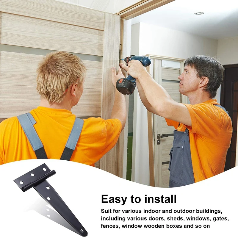 6 PCS 4 Inch T-Strap Hinges Rustic Gate Strap Hinge Rustproof Gate Door Black Hinges for Windows, Fence and Barn Gates image 6