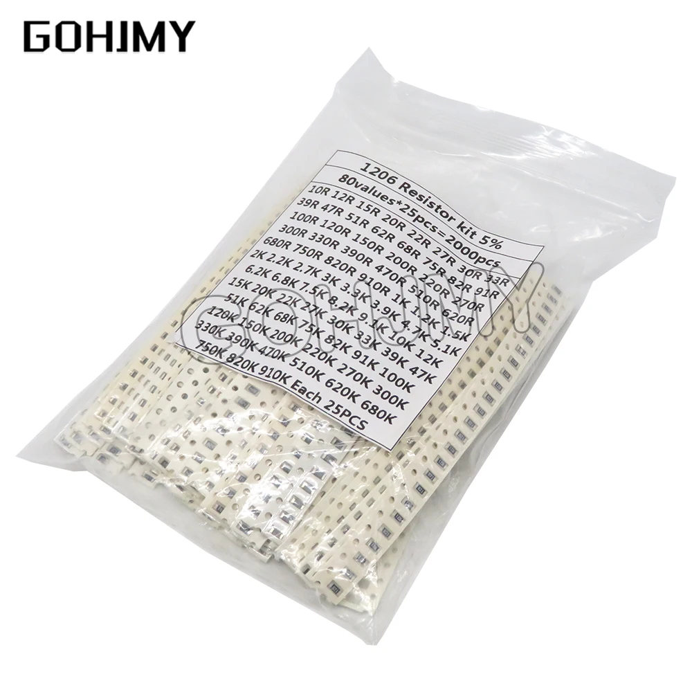 2000PCS 10 ohm-910K ohm 1206 SMD Resistor Kit Assorted set 5% 80values*25PCS SMD Resistors 10K 470/100/680 ohm resistance pack