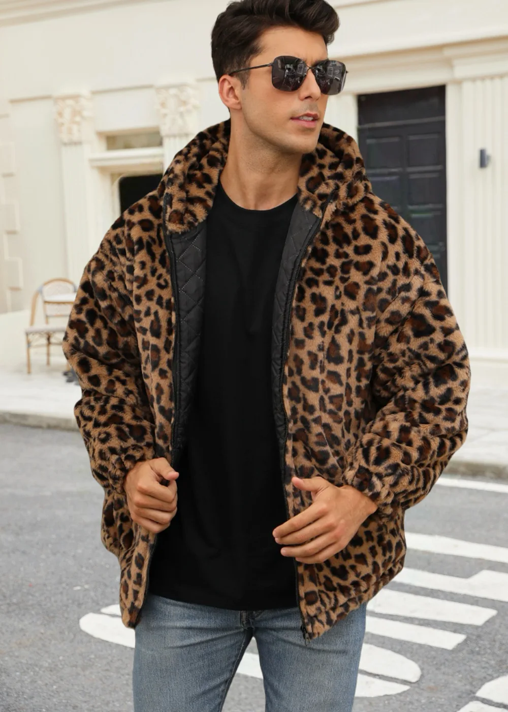 

New Men's Faux Fur Color Leopard Print Jacket, Plush Contrasting Color Warm and Thick Leopard Print Jacket