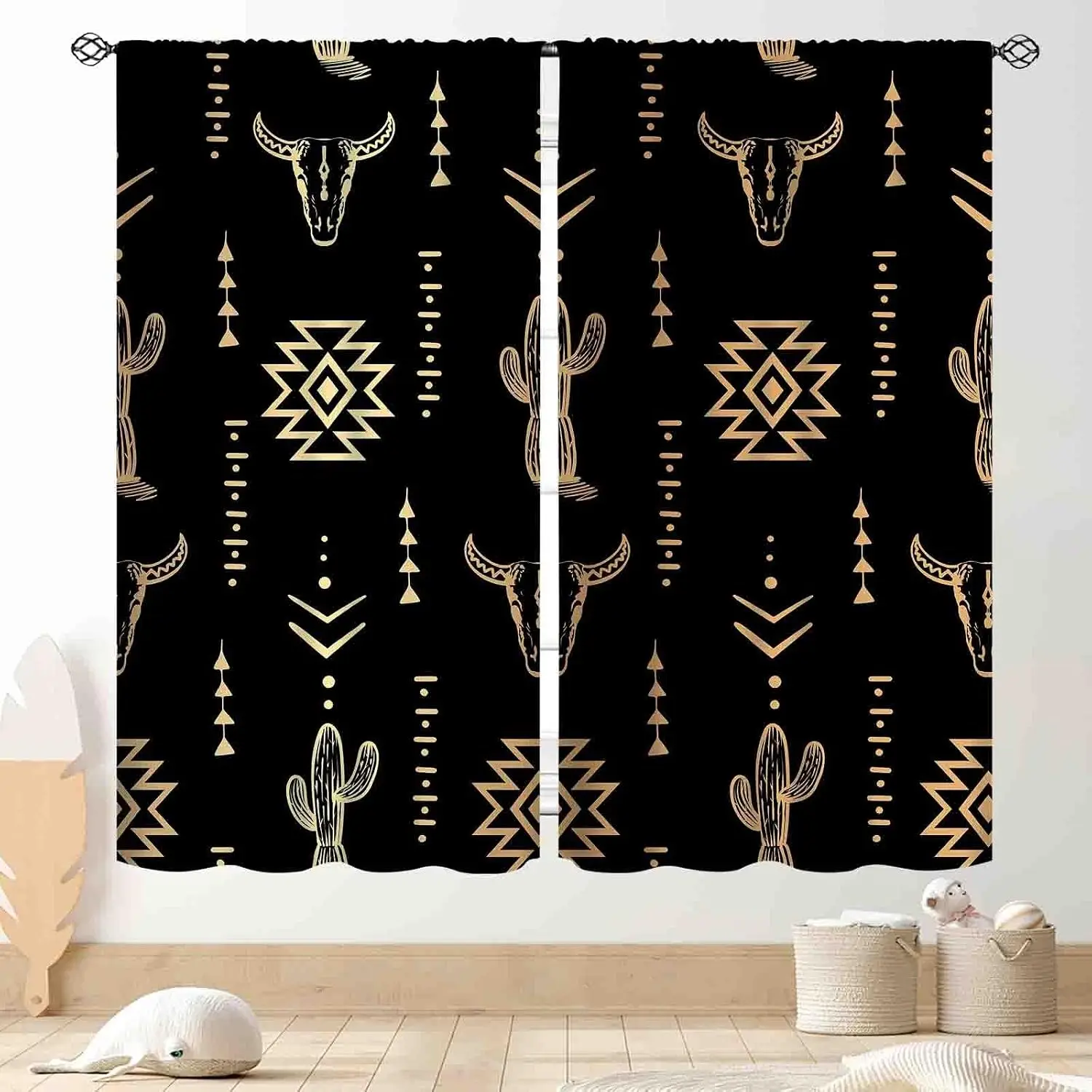 Black Golden Cow Skull Cactus Tribal Curtain Southwest Desert Geometric Print Drape Boho Retro Window Curtain For Bedroom Home