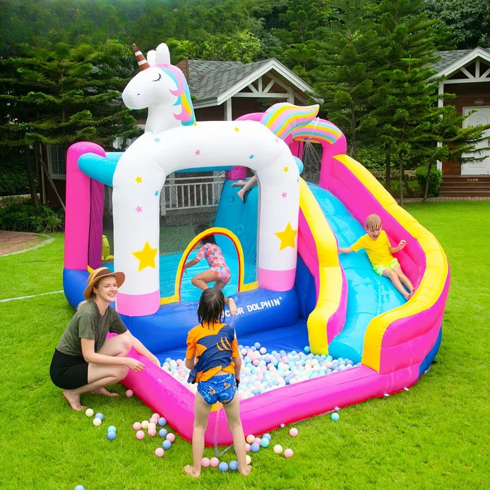 Eenhoorn springkasteel droog waterglijbaan combo opblaasbare trampoline grappig springkasteel voor kinderen