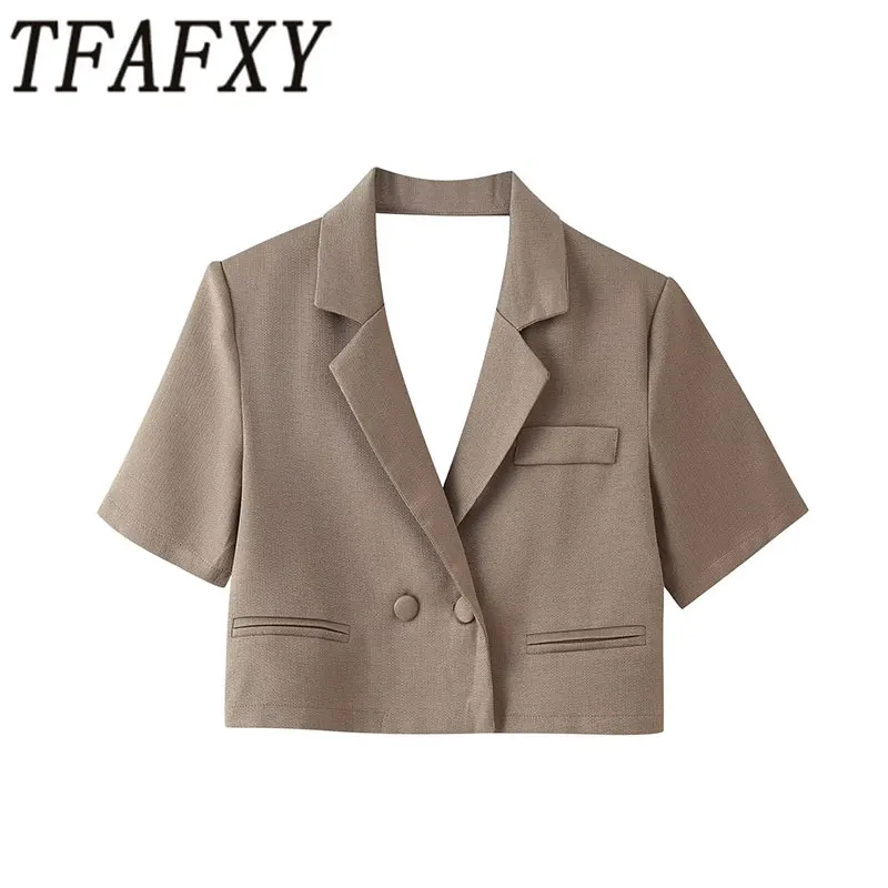 TFAFXY 2026 Summer Women Chic Commute Short Sleeve Blazer Backless V-Collar Blazers Office Lady Elegant Leisure Blazers