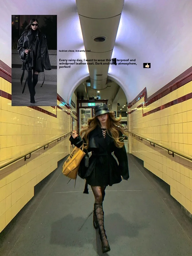 FuunJ Madeleine Monroe Matte Bla PU Leather Jaet Women's Waist-Cinching Retro High-End ape Top Youth Mid-Length Coat