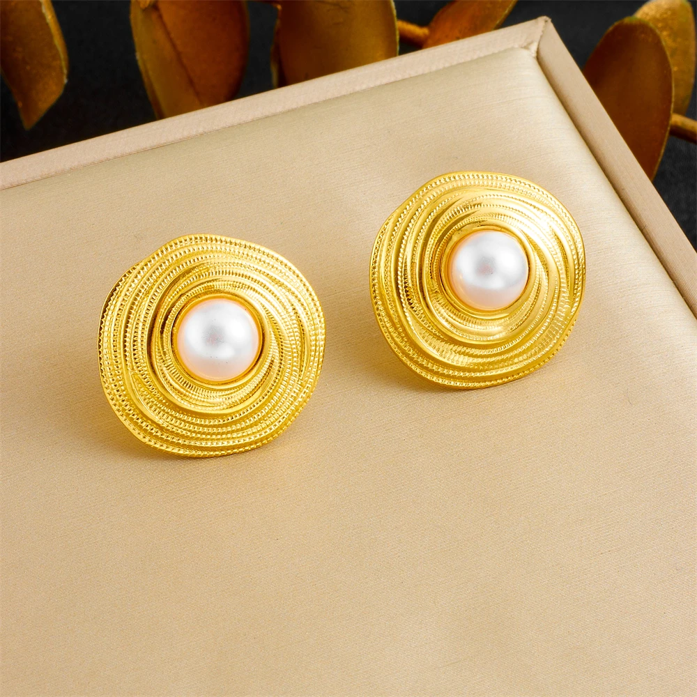 DIEYURO 316L Stainless Steel Golden Fashion Coil Weaving Inlaid With Pearl Earring For Womens New Trend Fashion Ear Jewelry Gift