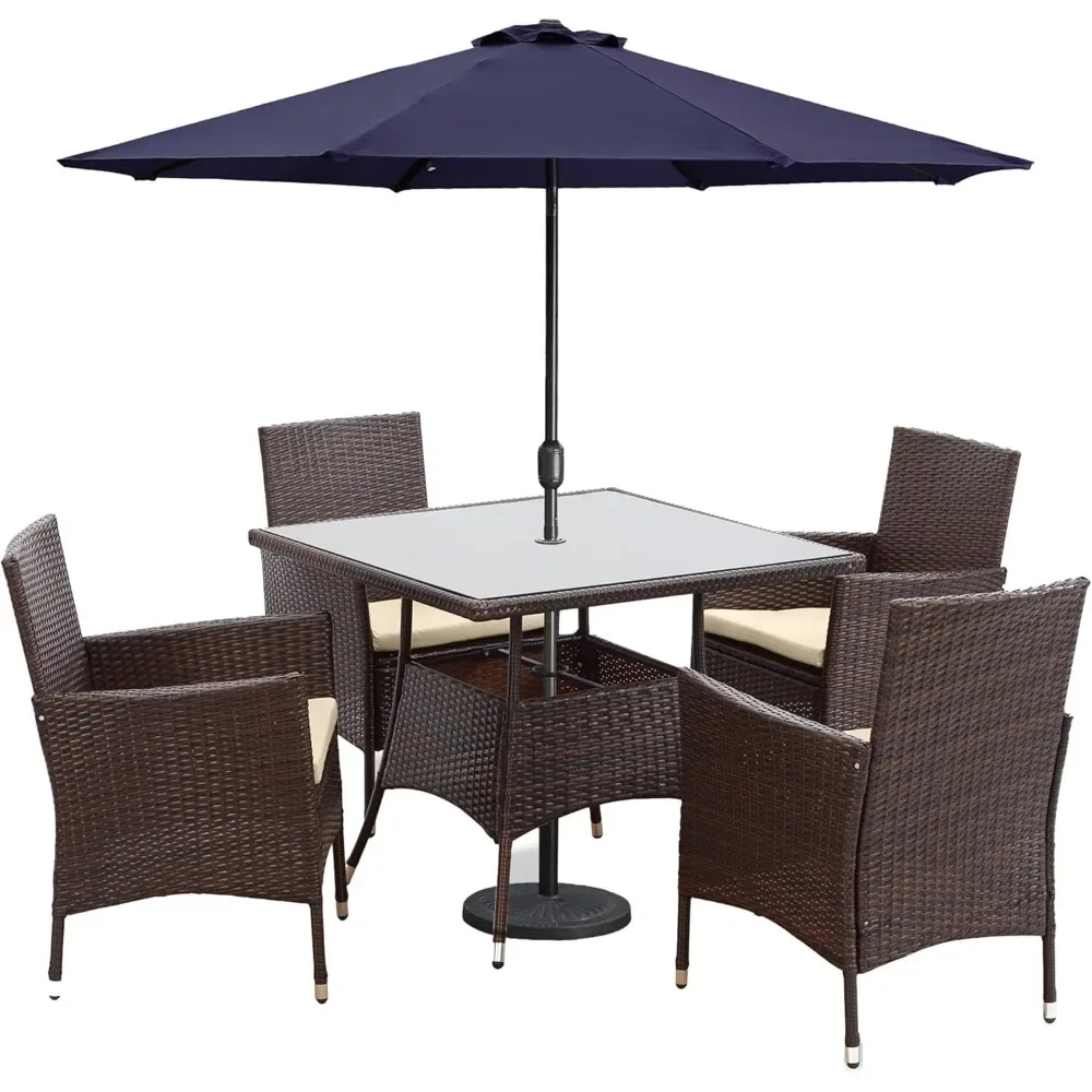 5-Piece Outdoor Dining Set, Wicker Patio Dining Set with Tempered Glass Tabletop and Umbrella Hole, Rattan Patio Chairs