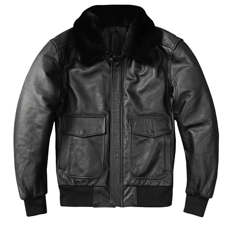 Air Force Flight Jacket Fur Collar Genuine Leather Top Layer Cowhide Leather Jacket Men Black Cowhide Coat Men\'s Winter Jacket