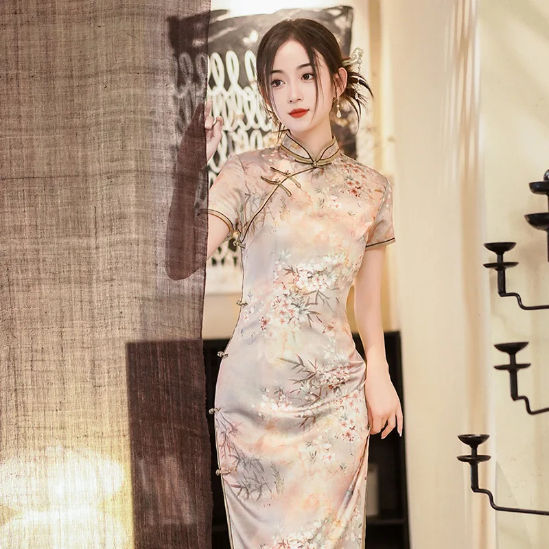 

Платье в китайском стиле с розовым цветочным принтом Qipao, женские элегантные атласные платья Cheongsams с короткими рукавами, женские летние платья больших размеров