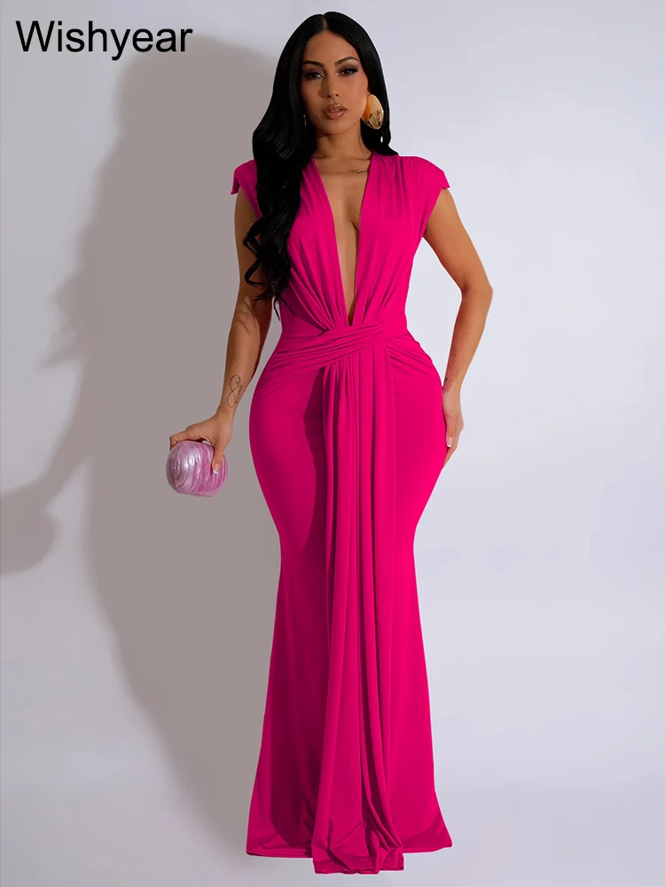 Wishyear Women‘s Elegant Evening Party Sleeveless Deep V-neck Maxi Dress Sexy Bodycon Birthday Night Wedding Gown Vestido Luxury