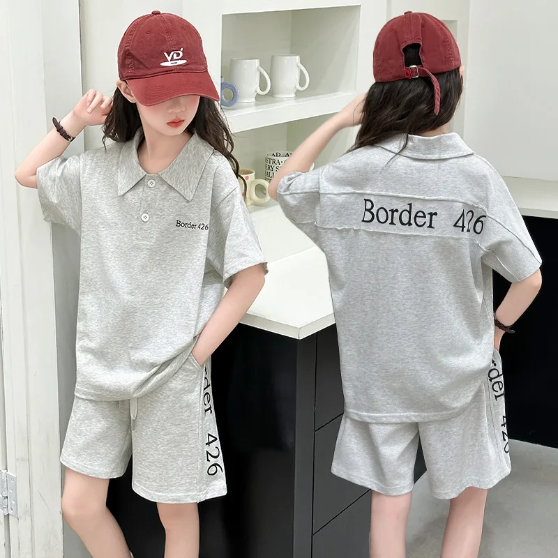 Brief Style Children's Summer Suit with Shorts for Girl Loose Casual Top and Bottom Clothes Set Kids Letter Print Polo Tracksuit