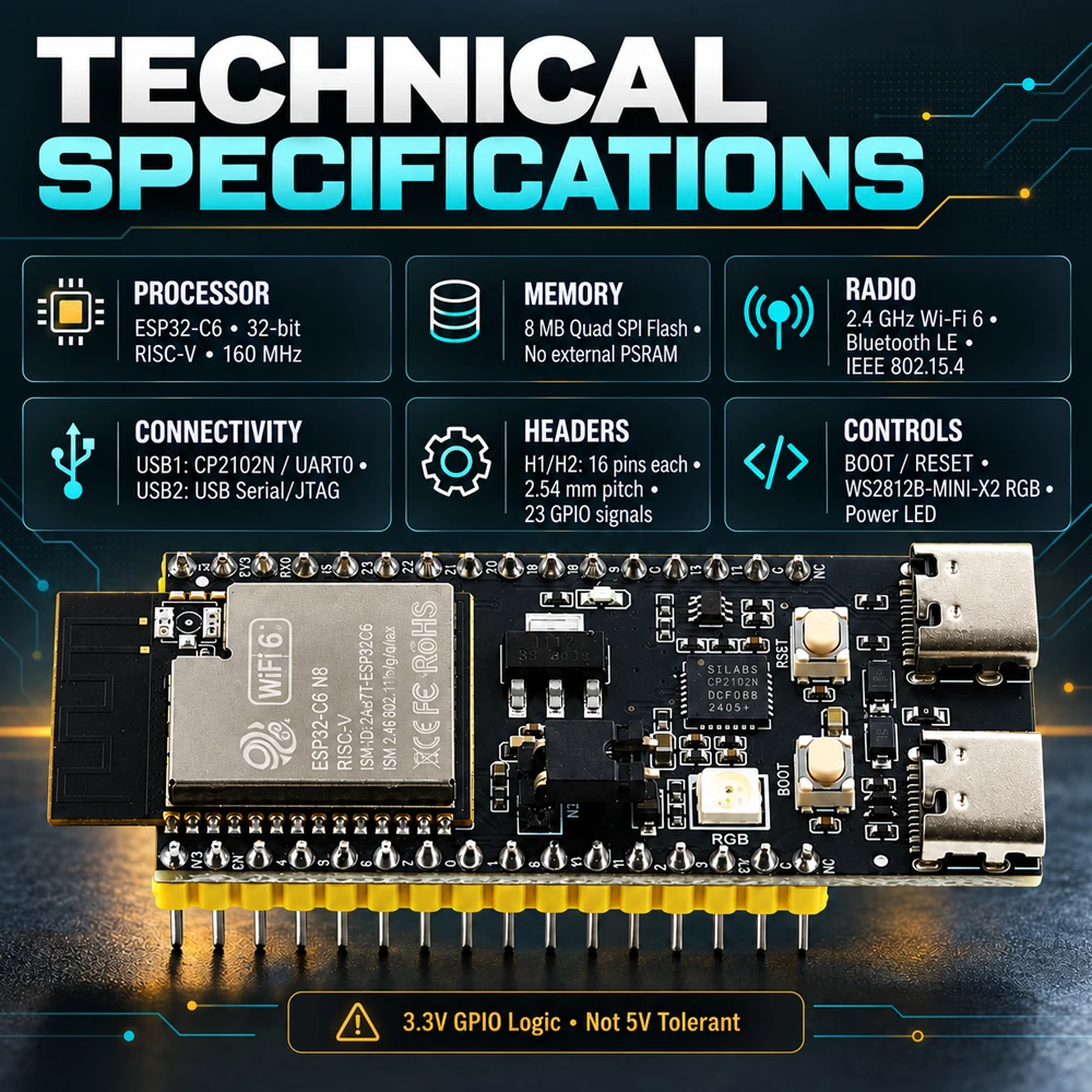 ESP32 C6 N8 Development Board Module WiFi 6 BT J5 32PIN CP2102 TYPE‑C 8M FLASH WiFi6 for Android ESP‑IDF IDE ESP32‑C6‑DevKitC‑1