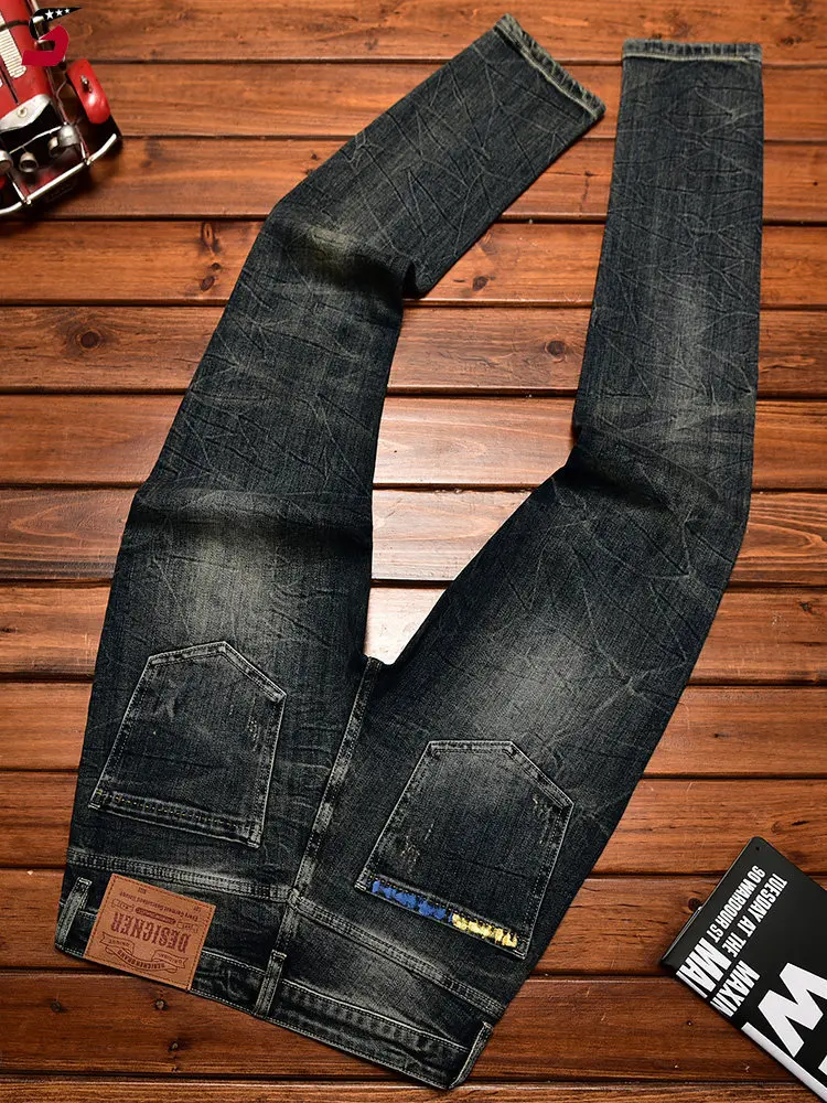 

Мужские джинсы 2026 года: элитные ретро-джинсы с рваными элементами, вышивкой и принтом, зауженные, эластичные, облегающие, повседневные, в американском стиле, длинные брюки