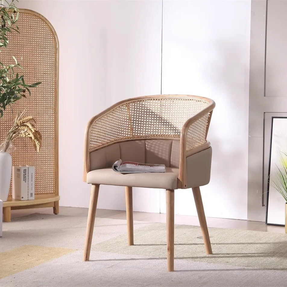 

HYS ash wood dining chair creative solid wood rattan armrest chair Home hotel B & B restaurant Cafe chair