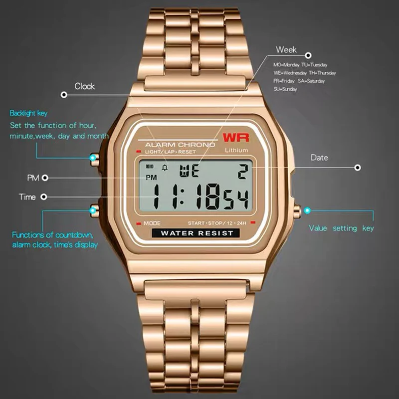 Correa de acero F91W de lujo para mujeres y hombres, reloj deportivo Digital LED, reloj de pulsera electrónico militar, relojes de pulsera digitales