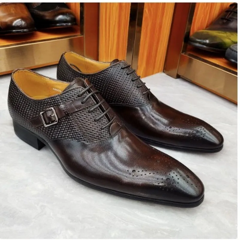 Coffee Black Oxfords Fashion Men Wedding Dress Shoes Genuine Leather Monk Strap Men Derby Shoes Plus Size 38-46