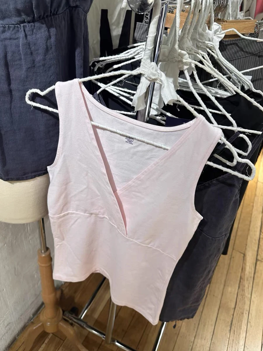 ใหม่สีชมพู V คอ Slim Tank Tops ผู้หญิงฤดูร้อนผ้าฝ้ายแขนกุดเอวสูงเสื้อกั๊กหญิงหวาน Basic Casual Crop Top Y2k Camis