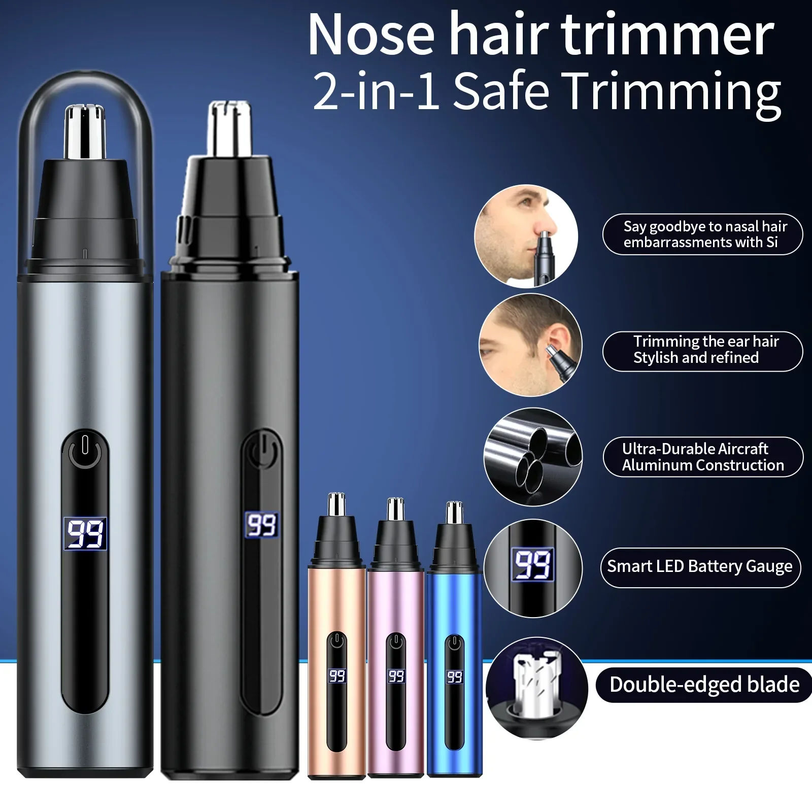 A12 Aluminum Alloy Nose Hair Trimmer, LED Digital Display, Type-C Rechargeable Nose and Ear Hair Trimmer for Men and Women