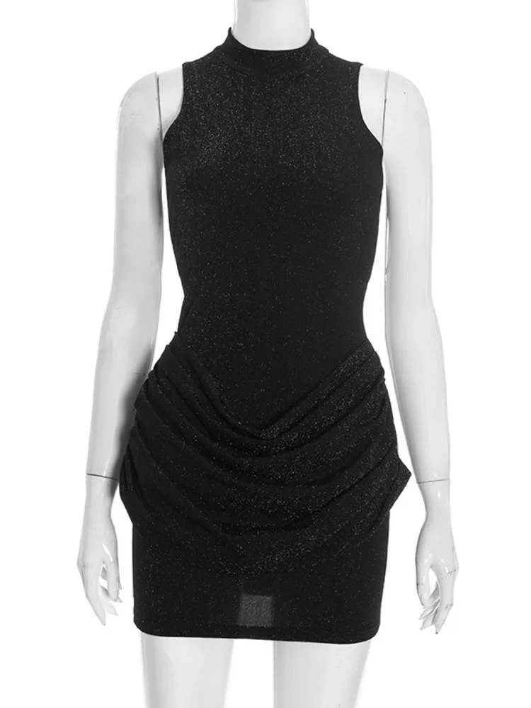 XIAOTANG Glitter Ruches Sexy Mini Tank Jurk Vrouwen Elegante Sparkle Off-shoulder Mouwloze Skinny Club Party Jurken Vrouwelijke