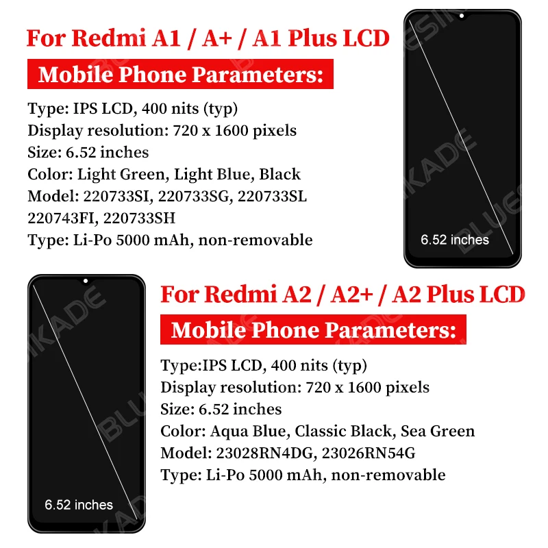 6.52“ Display For Xiaomi Redmi A1 A1+ LCD Display Touch Screen Digitizer Assembly For Redmi A2 A2+ LCD Display Replacement Parts