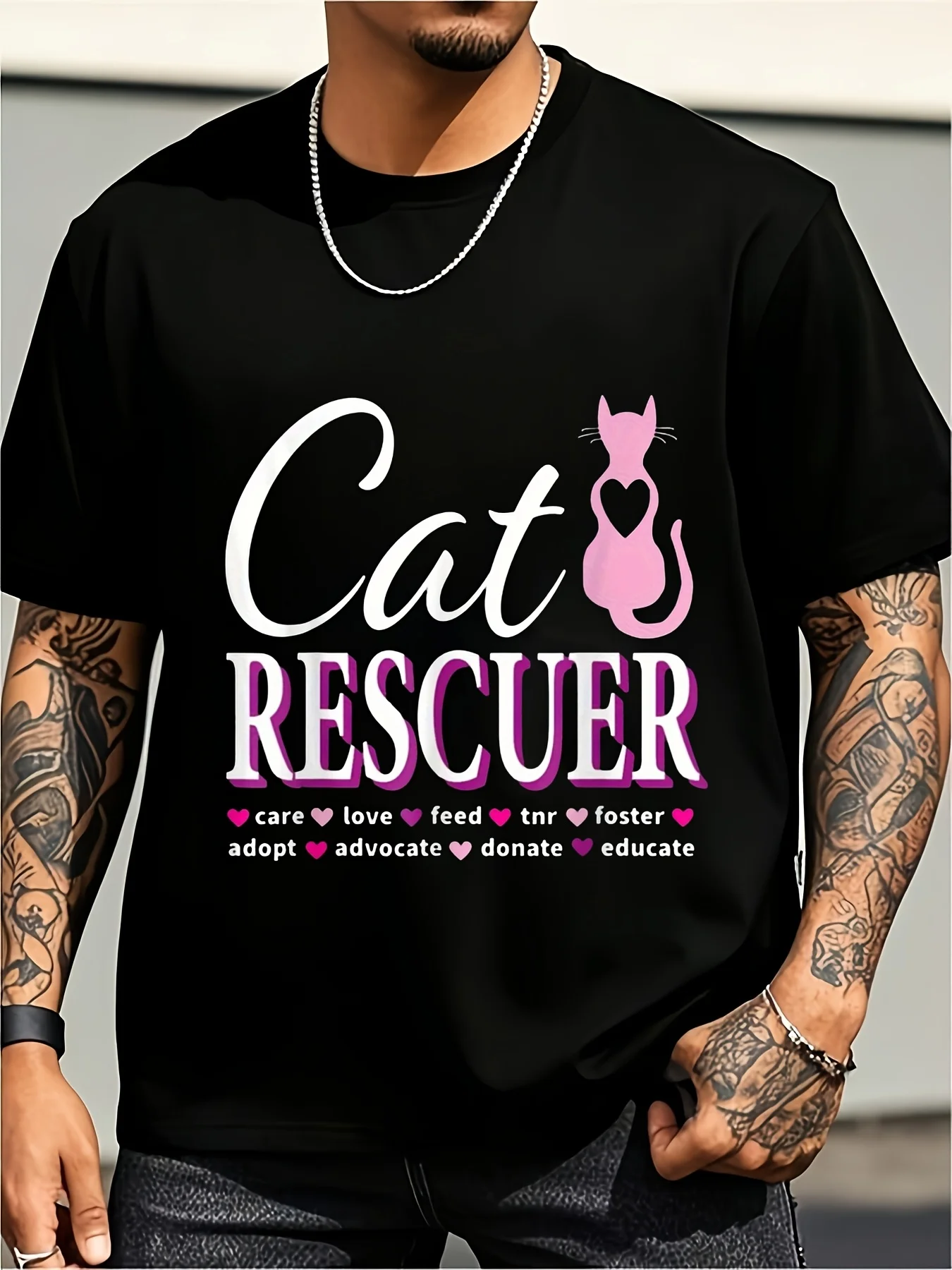 Men's T-Shirt with Cat-Saving Hero Print, Short-Sleeved Round-Neck T-Shirt, Outdoor T-Shirt for Cat Lovers, Unisex Comfortable Fit, Plus Size, Retro Casual Round-Neck Printed T-Shirt, Unisex, Plus Size